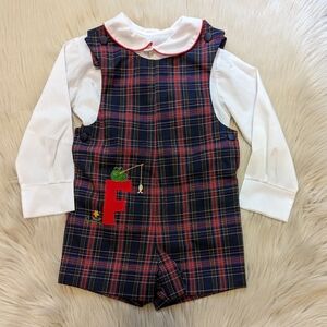 Vintage Grace navy blue and red romper with white button down size 3T